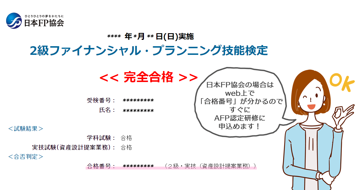 日本FP協会のFP２級のwebでの合否照会画面